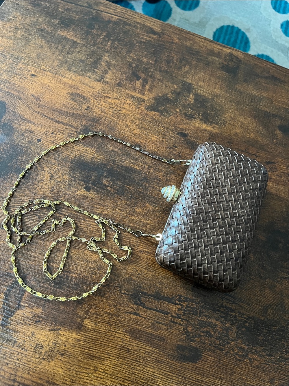 Woven Brown Leather Crossbody Clutch with Chain Strap